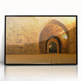 Large abstract wall art depicting a Middle Eastern scenery in muted earth tones on a framed acrylic.