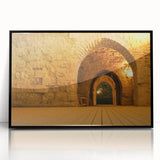 Large abstract wall art depicting a Middle Eastern scenery in muted earth tones on a framed acrylic.