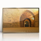 Framed acrylic print of a Middle Eastern landscape in gold and earth tones, suitable for modern art wall decor.