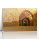 Art deco poster featuring a serene Middle Eastern landscape in muted blue and white tones, acrylic framed.