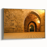 Framed canvas depicting a Middle Eastern landscape in colorful hues, ideal for enhancing a living room's decor.
