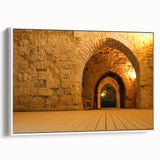 Vintage poster art of a Middle Eastern scenery in vibrant colors on a framed canvas, ideal for living room decor.