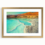 Extra large abstract art print of a Middle Eastern desert scene in muted earth tones on a textured canvas, framed in gold.