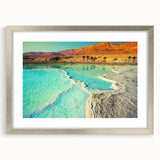 Textured abstract art print of a Middle Eastern desert scene in muted earth tones, framed in silver, ideal for bedroom art.