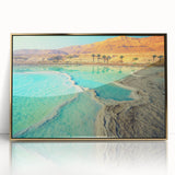 Large art print of a Jordanian landscape in mid-century modernist style, framed in gold acrylic.