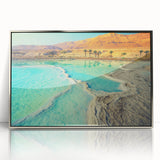 Mid-century modernist art depicting Jordanian landscape in muted earth tones on a silver-framed acrylic print.