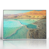 Art deco poster depicting a scenic Jordan landscape in muted earth tones on a framed acrylic.