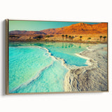 Framed canvas depicting a Jordanian landscape in vintage poster style with black and gold tones, ideal for bedroom wall art.