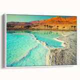Vintage poster art of a Middle Eastern Jordanian landscape on a framed canvas, featuring a colorful palette.