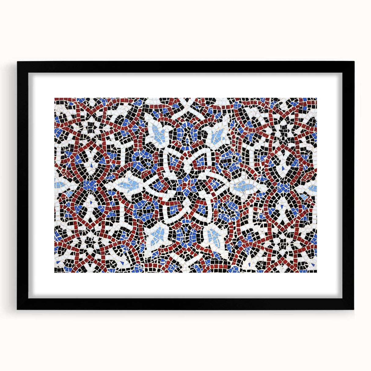 Extra large abstract art print of colorful, textured Middle Eastern scenery on a black framed mat.