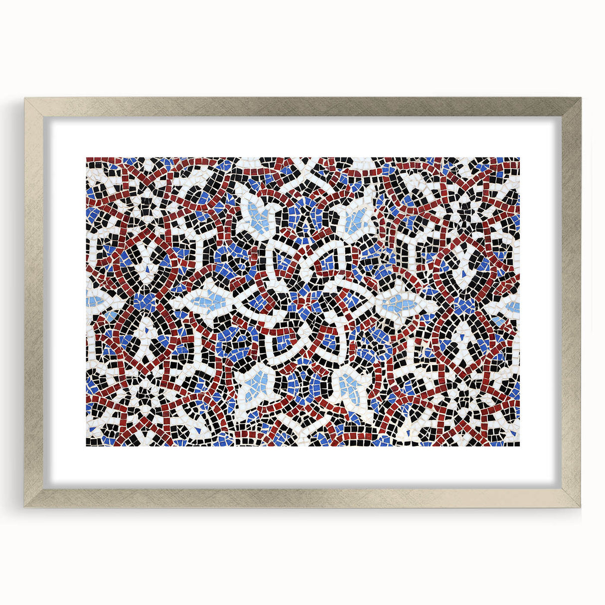 Textured art print of an abstract Middle Eastern landscape in muted earth tones, framed in silver, ideal for bedroom decor.