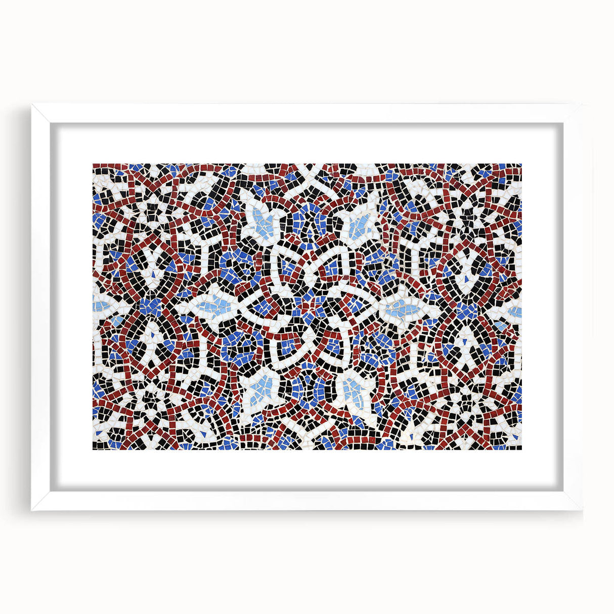 Abstract art print of a Middle Eastern Qatar scenery in muted earth tones on a framed white mat, ideal for dining room decor.