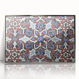 Mid-century modernist art of Qatar scenery in muted earth tones on a silver-framed acrylic.