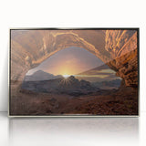 Mid-century modernist art featuring a minimalist Saudi Arabia landscape in muted earth tones, framed acrylic.