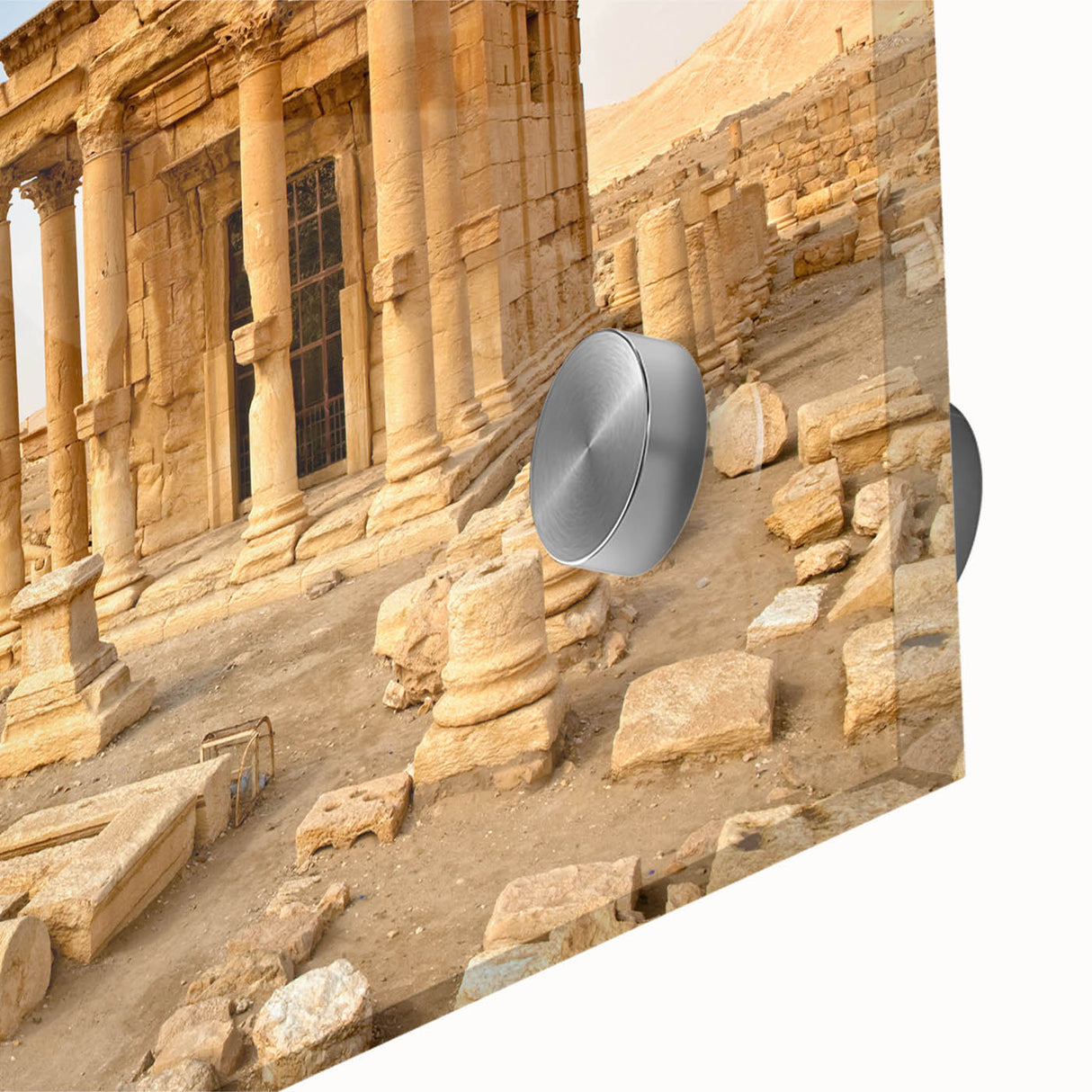 Large abstract wall art of a Middle Eastern Syrian landscape in muted earth tones on acrylic glass.
