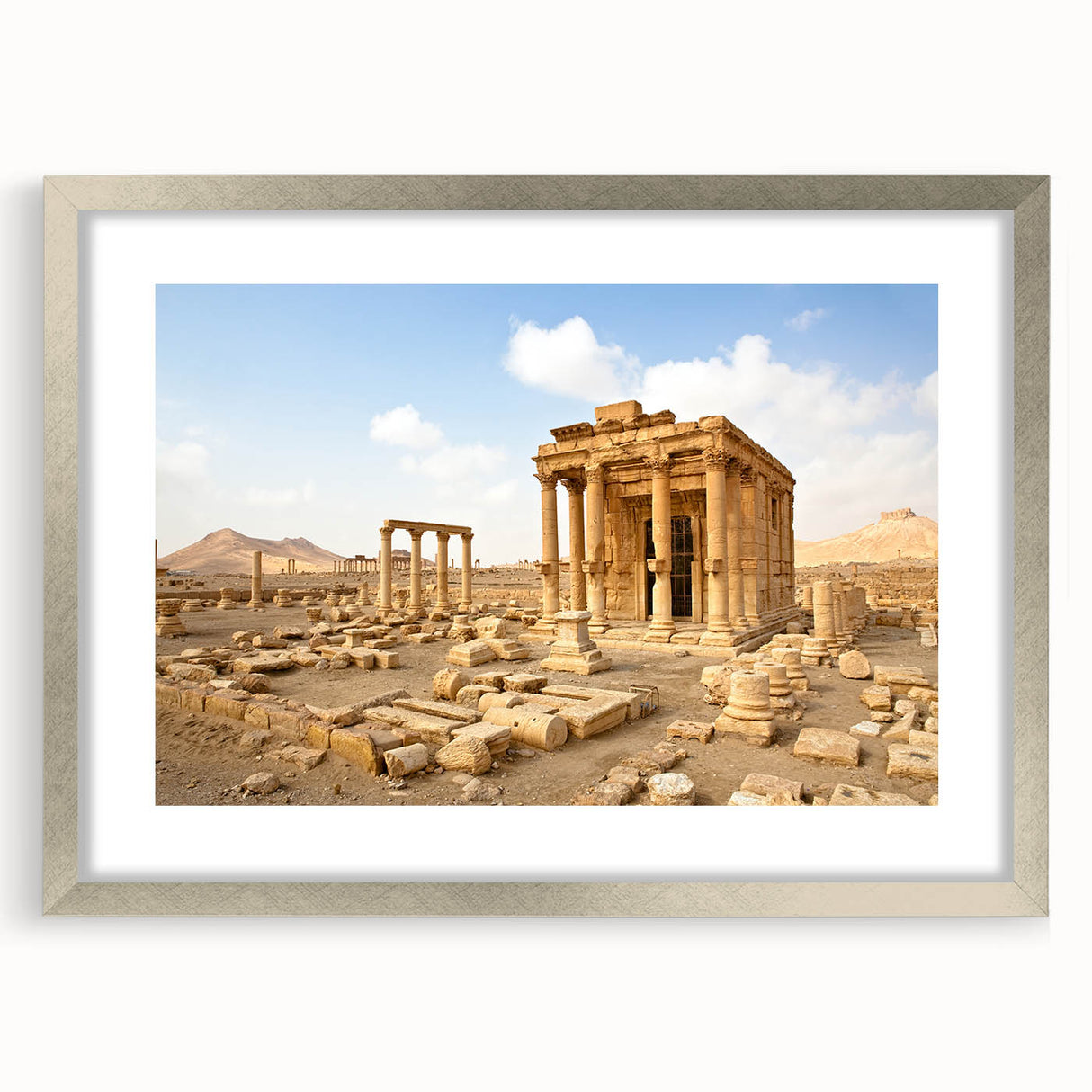 Textured abstract art print depicting a Middle Eastern landscape in muted earth tones on a framed canvas.