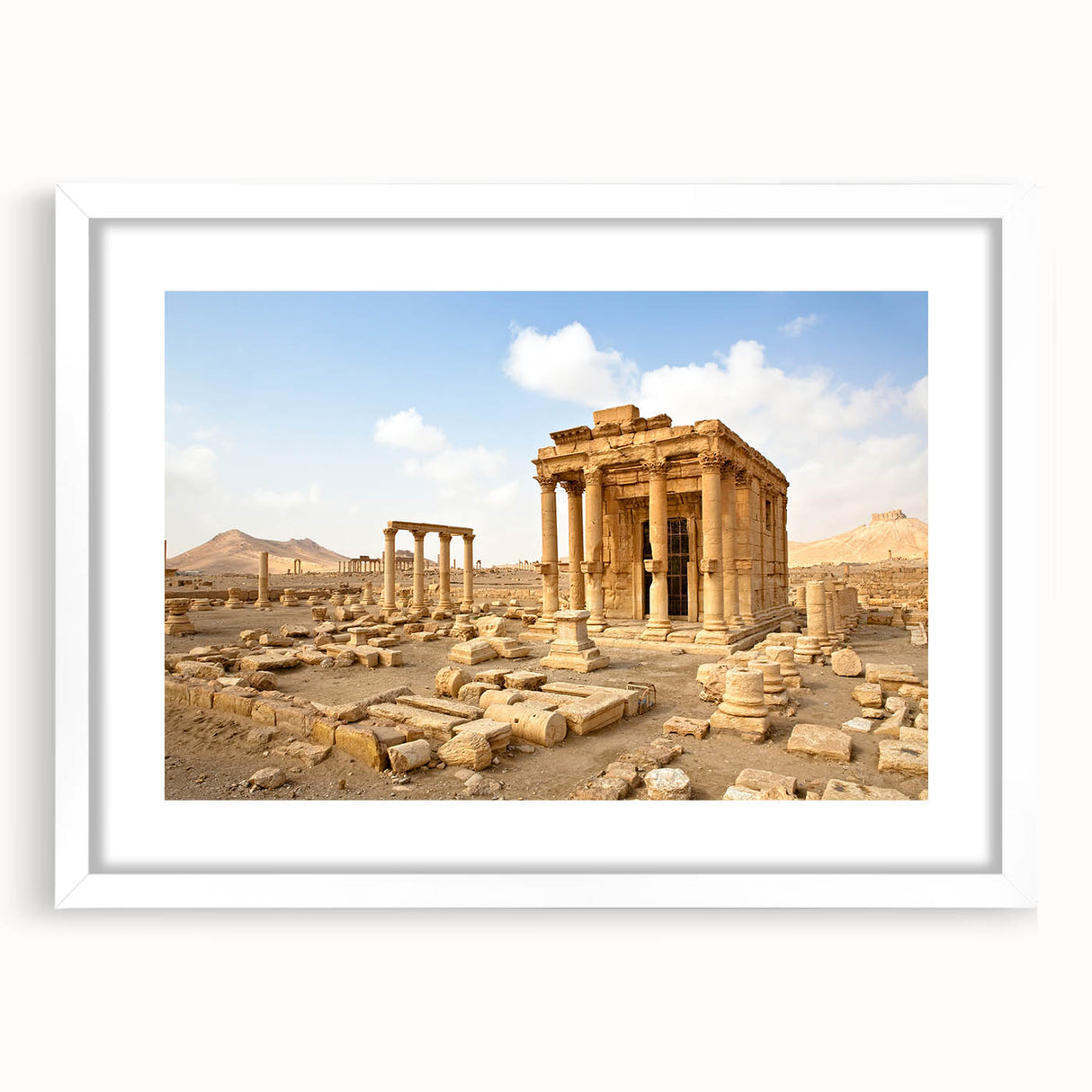 Abstract art print of a Middle Eastern scenery in muted earth tones, framed with a white mat, suitable for dining room decor.