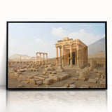 Large abstract wall art depicting a stylized Middle Eastern landscape in muted earth tones on a framed acrylic panel.