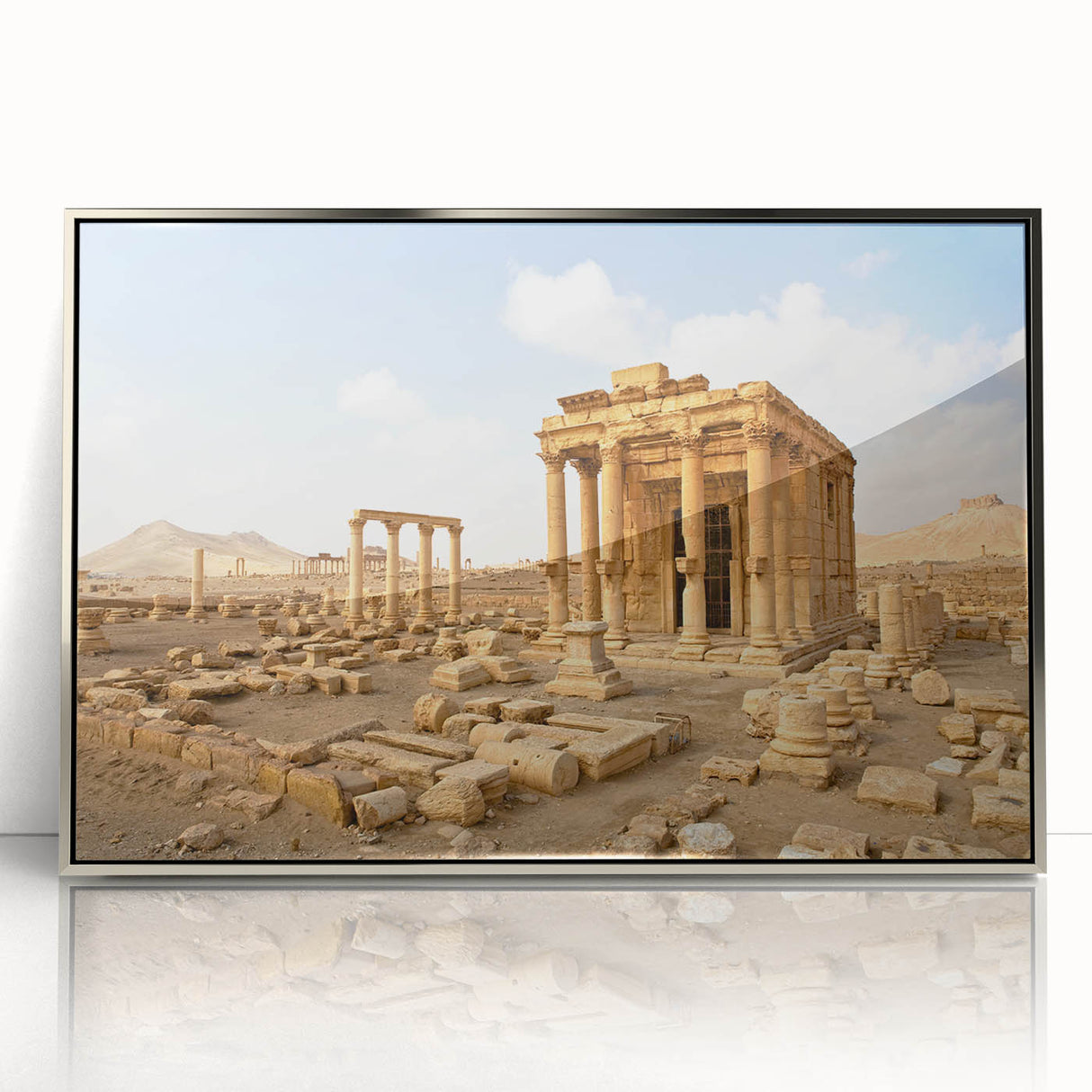 Mid-century modernist art depicting a serene Syrian landscape in subtle earth tones on a framed acrylic print.