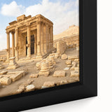 Extra large framed canvas featuring a textured, colorful Middle Eastern Syrian scenery in black, ideal for living room decor.