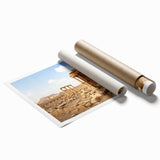 Large rolled print of a Syrian landscape featuring detailed floral motifs in earth tones.