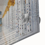 Large abstract wall art depicting the Abu Dhabi skyline in muted earth tones on acrylic glass.