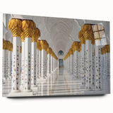 Large abstract wall art of Abu Dhabi skyline in muted blue and grey tones on acrylic glass.