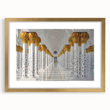 Extra large abstract art print of Abu Dhabi skyline in textured gold tones on framed canvas, ideal for living room decor.