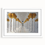 Abstract art print of Abu Dhabi skyline in muted gray and blue tones on a framed white mat.