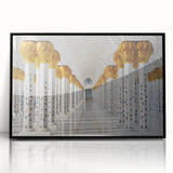 Large abstract wall art depicting the Abu Dhabi skyline in muted gray and blue tones, framed in black acrylic.