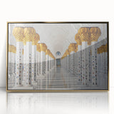 Framed acrylic print of Abu Dhabi skyline in gold and blue tones, ideal for modern art wall decor.