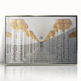 Mid-century modernist art depicting the Abu Dhabi skyline in muted metallic tones on a framed acrylic print.