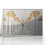 Acrylic print of Abu Dhabi skyline in muted gray tones, framed in white, suitable for modern art wall decor.