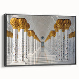 Framed canvas of a black and white vintage poster featuring the Abu Dhabi skyline, suitable for bedroom wall decor.