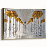 Framed canvas wall art depicting Abu Dhabi landscape with black and gold tones, suitable for bedroom decor.