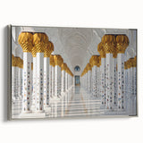 Framed canvas featuring a colorful landscape art painting of Abu Dhabi's skyline, ideal for living room decor.