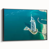 Black and white framed canvas of the Burj Al Arab landscape, ideal for bedroom wall art in a vintage poster style.