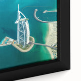 Extra large black wall art featuring a textured depiction of the Burj Al Arab in vibrant colors on a framed canvas.