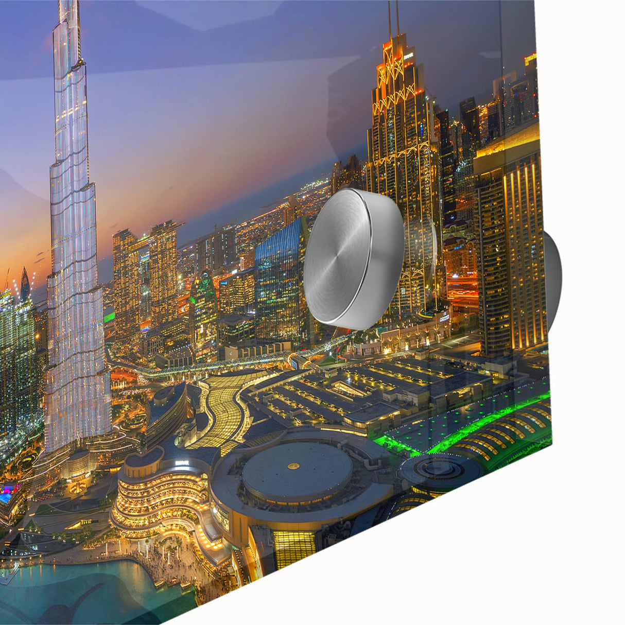 Large abstract wall art of the Burj Khalifa in muted grays and blues on acrylic glass, ideal for dining room art.