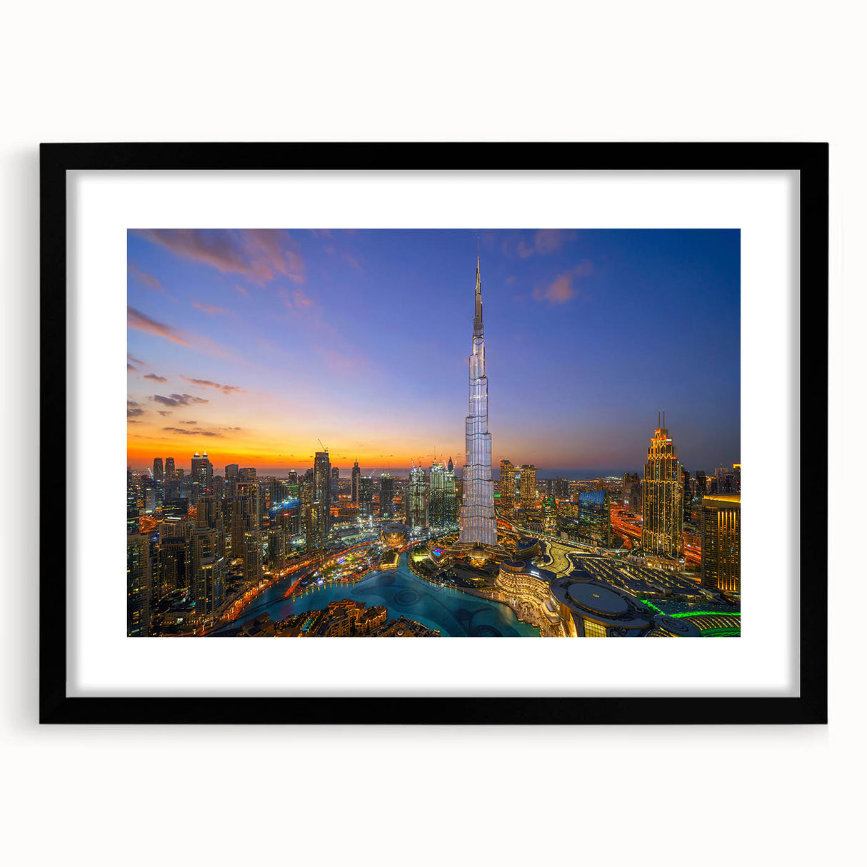 Extra large abstract art print of Burj Khalifa with vibrant, colorful textures on a framed canvas.