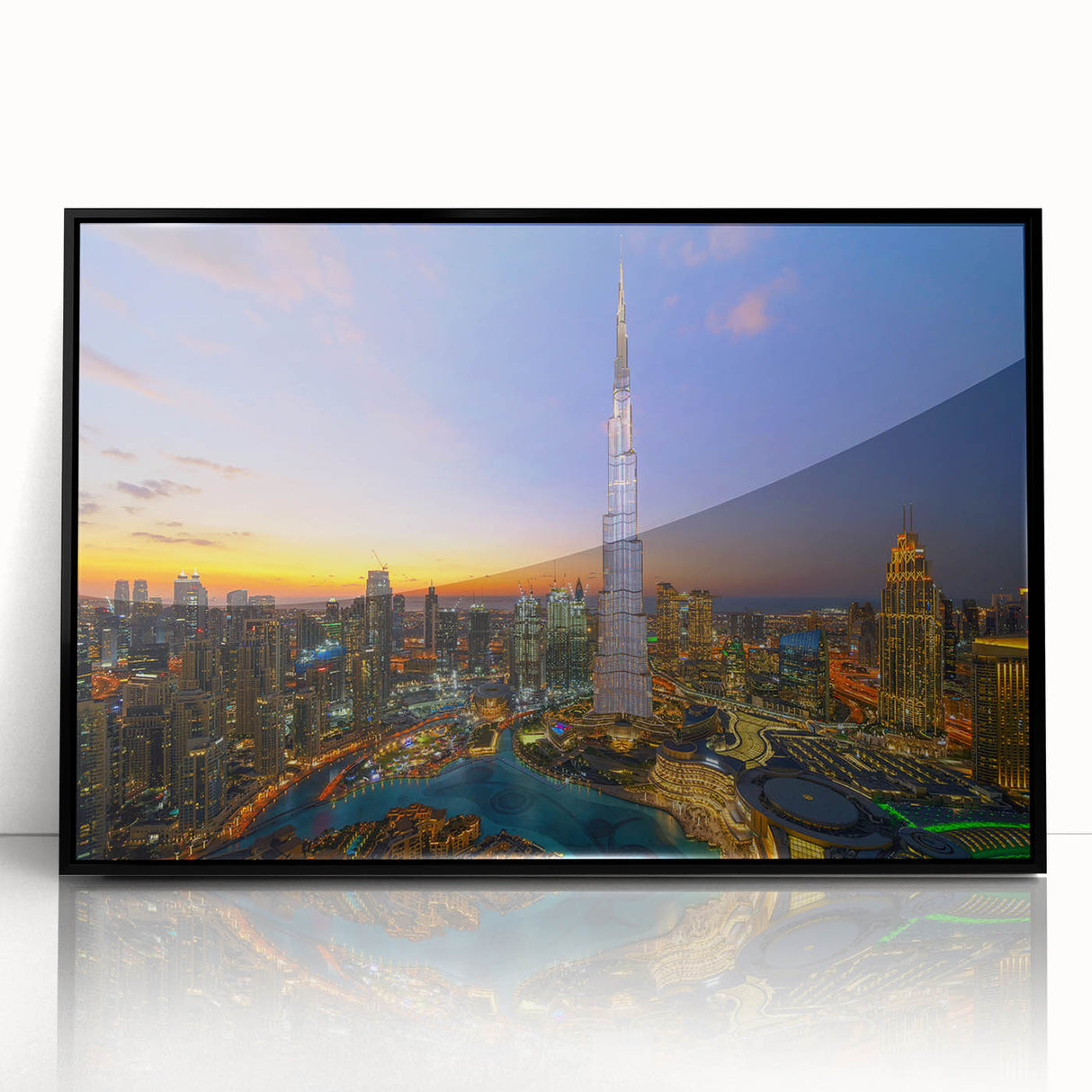 Large acrylic print of Burj Khalifa in monochrome, mid-century modernist style, ideal for modern art wall decor.