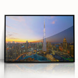 Large acrylic print of Burj Khalifa in monochrome, mid-century modernist style, ideal for modern art wall decor.