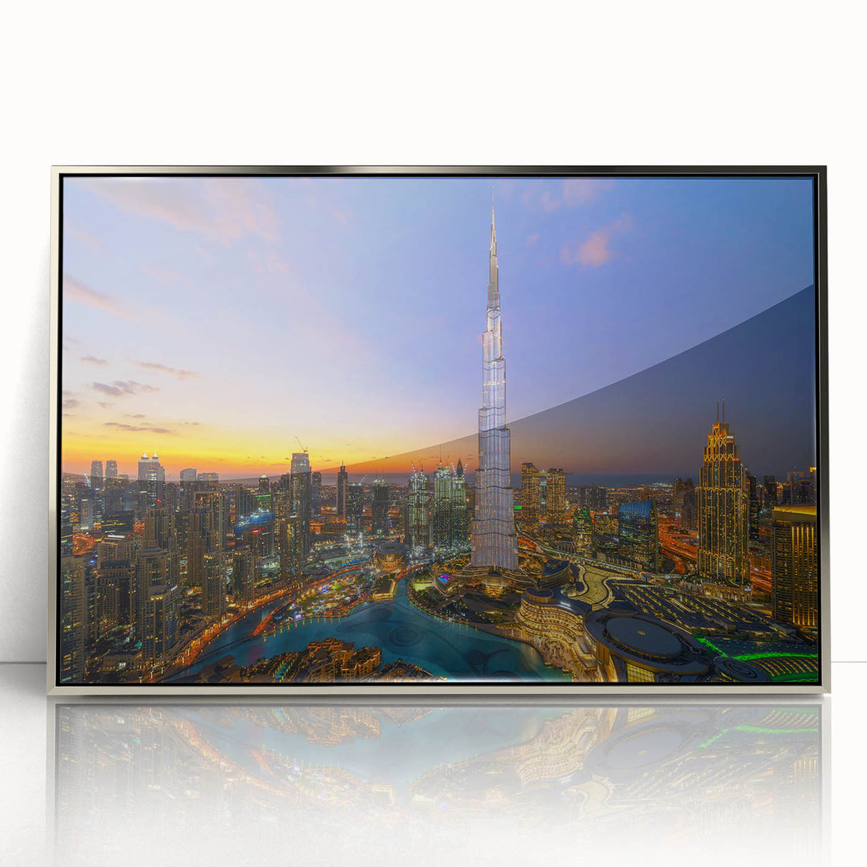 Mid-century modernist art of Burj Khalifa with muted metallic tones on a framed acrylic, ideal for modern art wall decor.