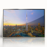 Mid-century modernist art of Burj Khalifa with muted metallic tones on a framed acrylic, ideal for modern art wall decor.
