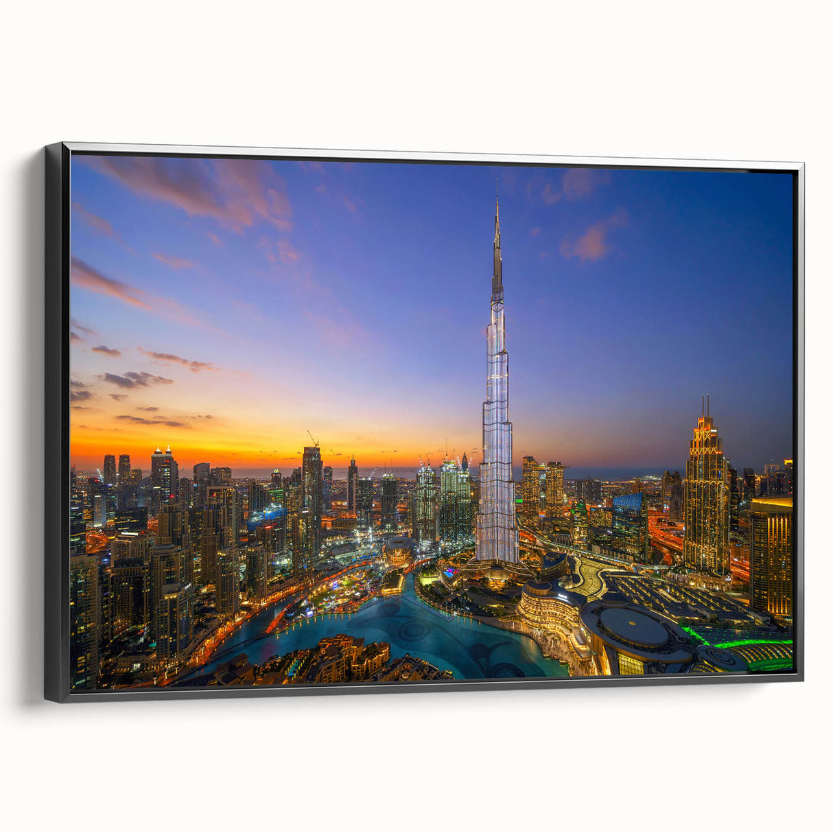 Black and white framed canvas of Burj Khalifa landscape, ideal for bedroom wall art.