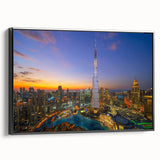 Black and white framed canvas of Burj Khalifa landscape, ideal for bedroom wall art.