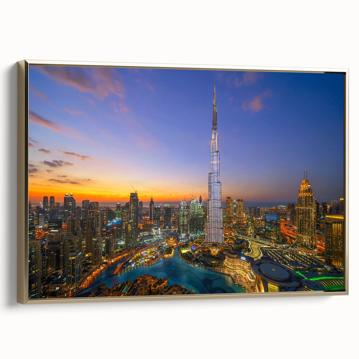 Framed canvas wall art featuring the Burj Khalifa in a black and gold color scheme, ideal for bedroom decor.