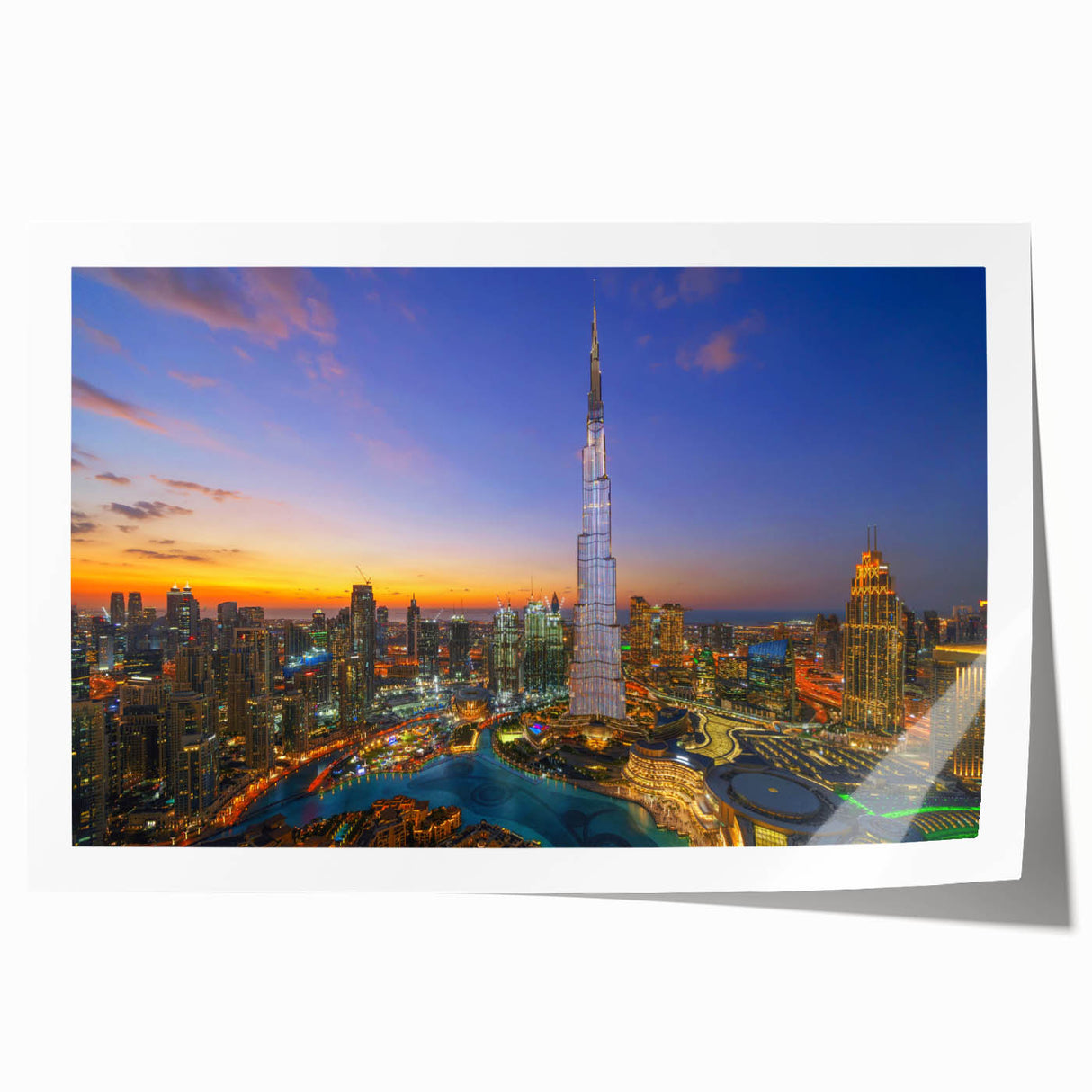 Extra large rolled print of the Burj Khalifa amidst a muted gray cityscape, ideal for art wall dining room.