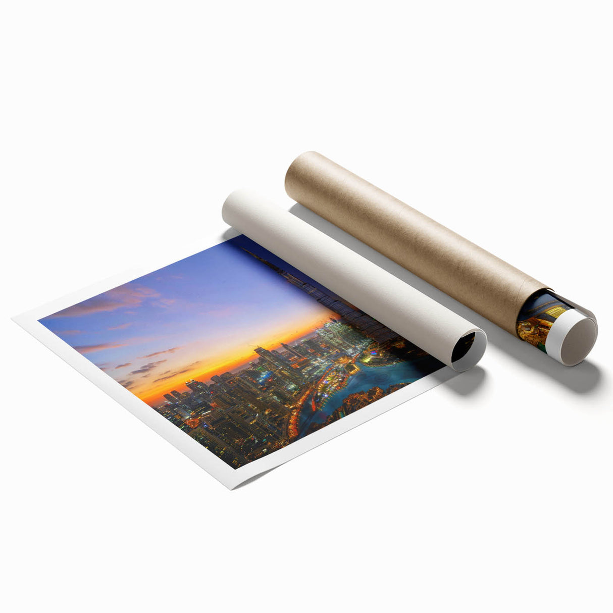 Extra large rolled print of Burj Khalifa against a vibrant sunset, ideal for classy bathroom wall art.