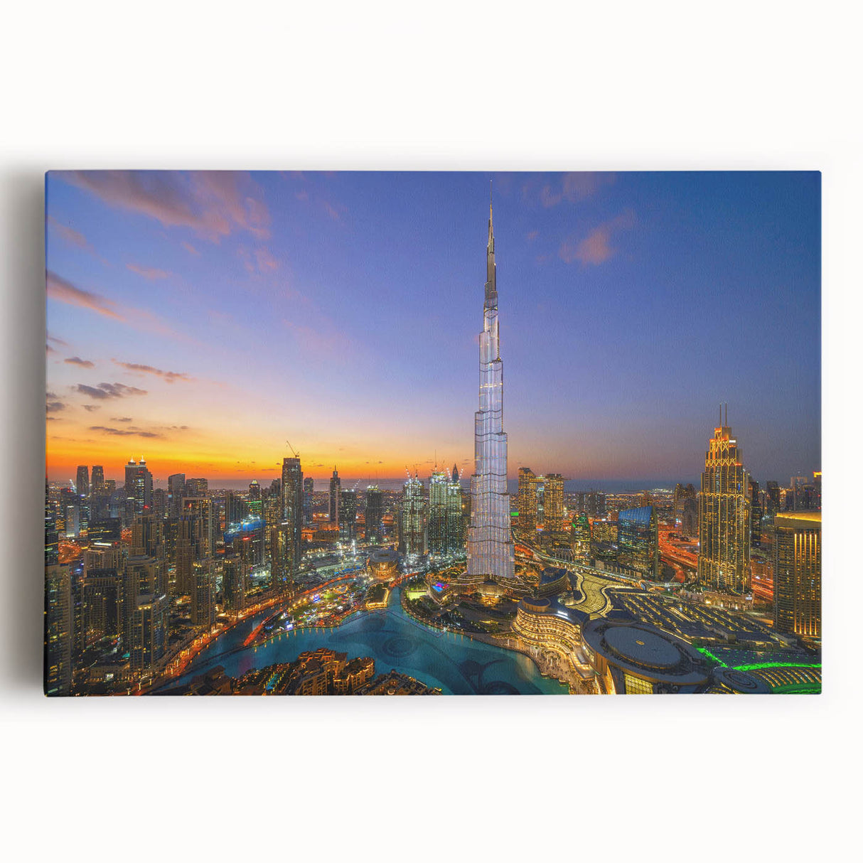 Black and white stretched canvas of the Burj Khalifa, ideal for kitchen wall art.